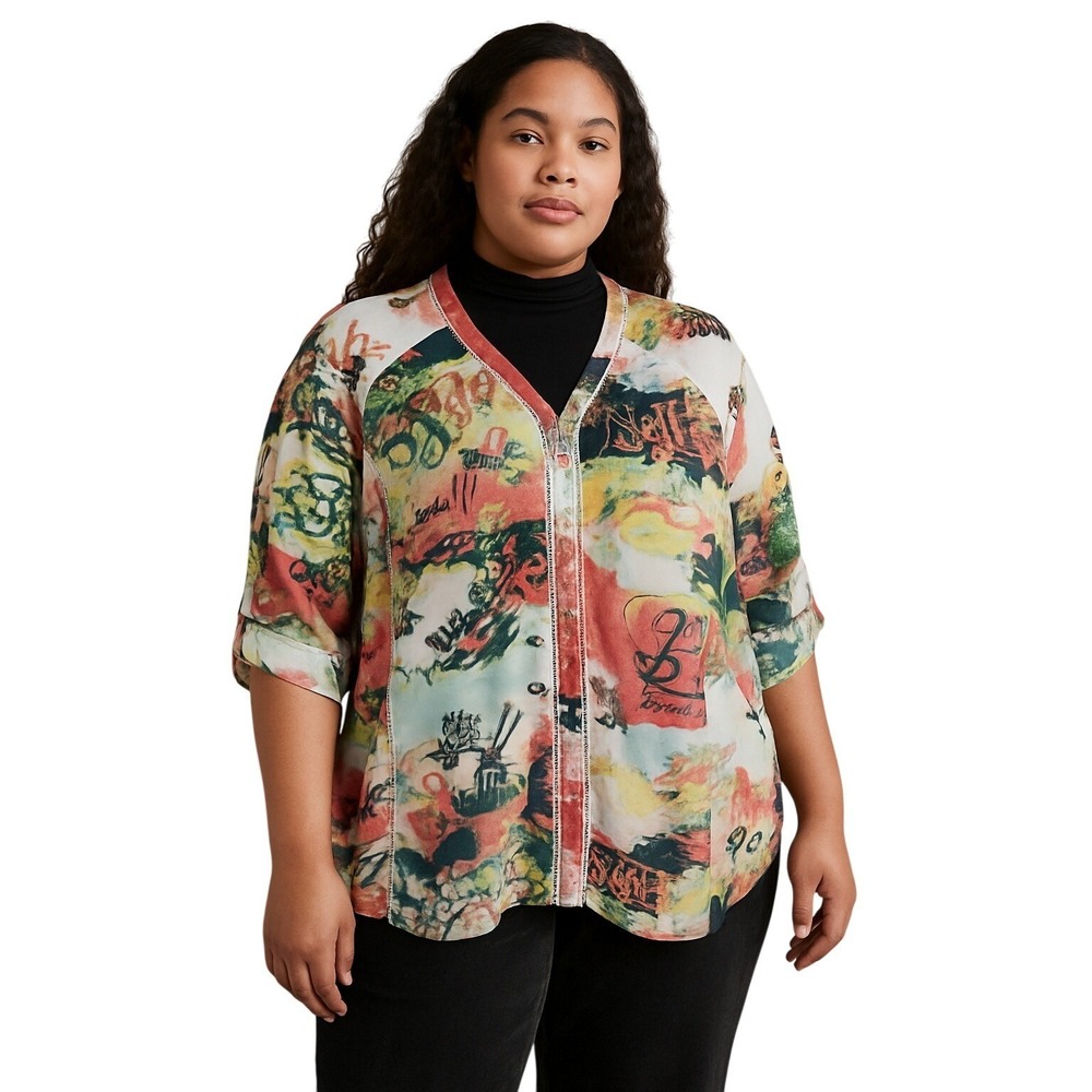 Graffiti Print Button Top 2X V Neck Street Luxe Art School Blouse‎ Fall 2025